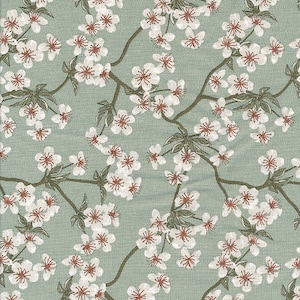 Oilcloth cotton canvas with Japanese green apple tree flower print, satin finish coating, sold cut in multiples of 10cm
