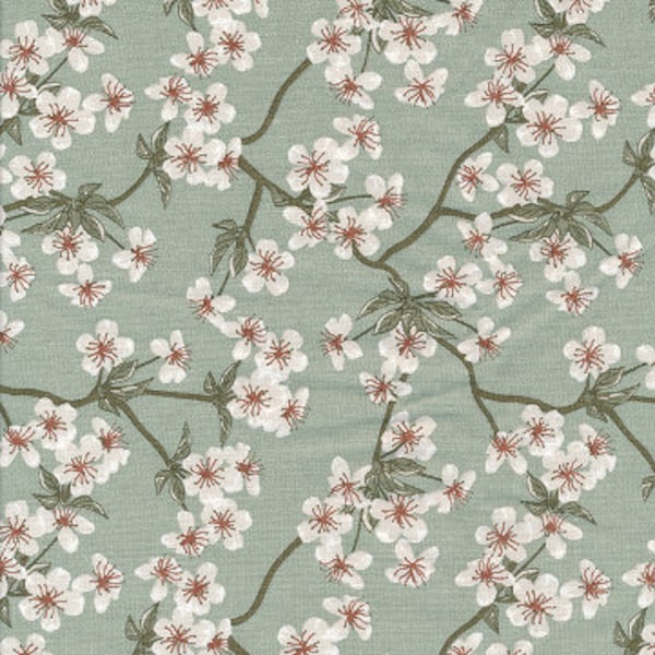 Toile cirée coton imprimé japonais fleurs de pommier vert céladon, enduit finition satiné, vendu a la coupe par multiples de 10cm