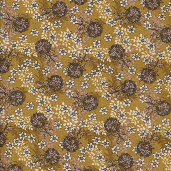 Oilcloth floral pattern semi small flowers ocher tones, sold in multiples of 10cm