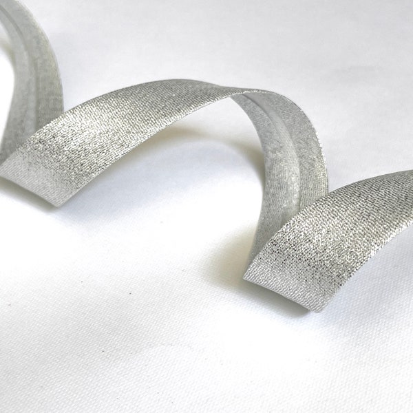 Silber laminiertes Schrägband aus Metallic-Lurex, silbernes Schrägband, gefaltet mit 2 Falten, Breite 18 mm, pro Meter verkauft