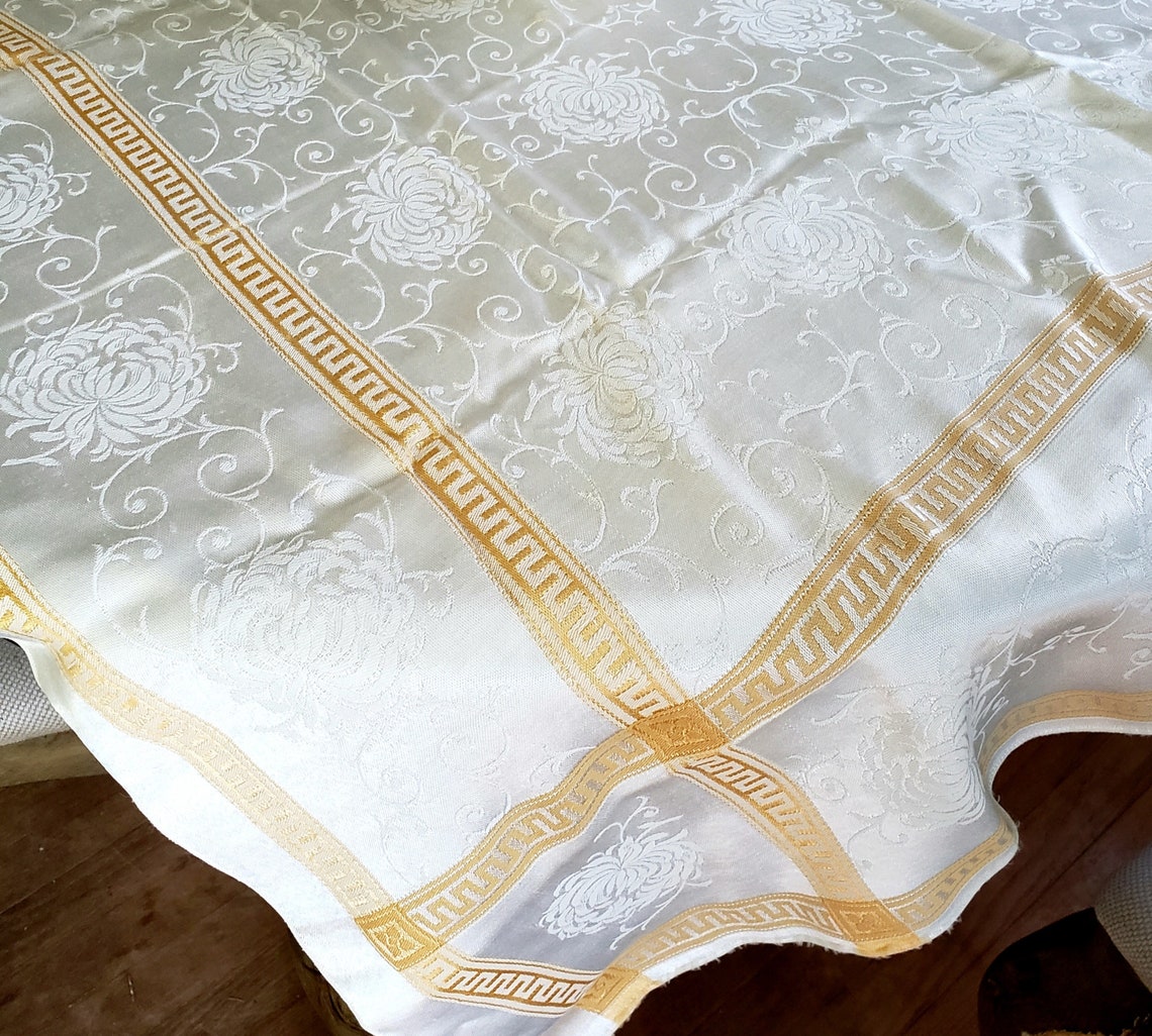 VINTAGE DAMASK TABLECLOTH Greek Gold Key Stripe on White Etsy Hong Kong