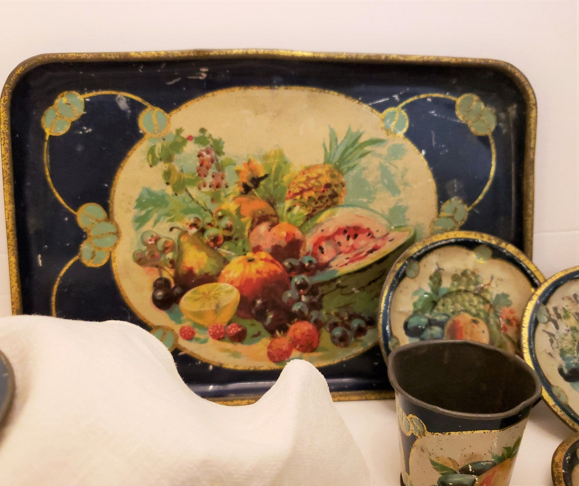ANTIQUE CHILD TEA Set, Toy Tin 11 Piece Tea Set From Germany, 1920's