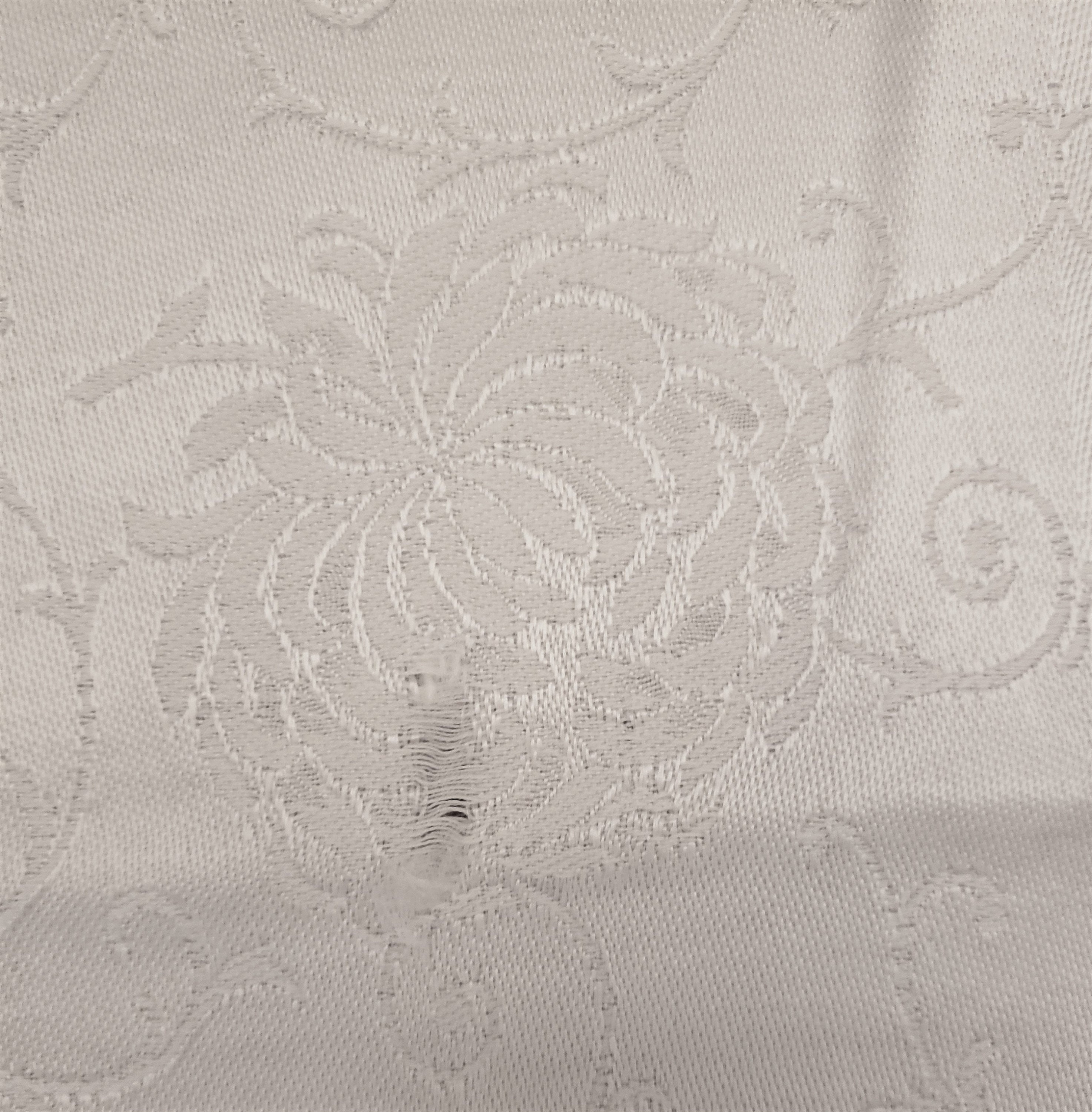 VINTAGE DAMASK TABLECLOTH, Greek Gold Key Stripe on White Satiny White