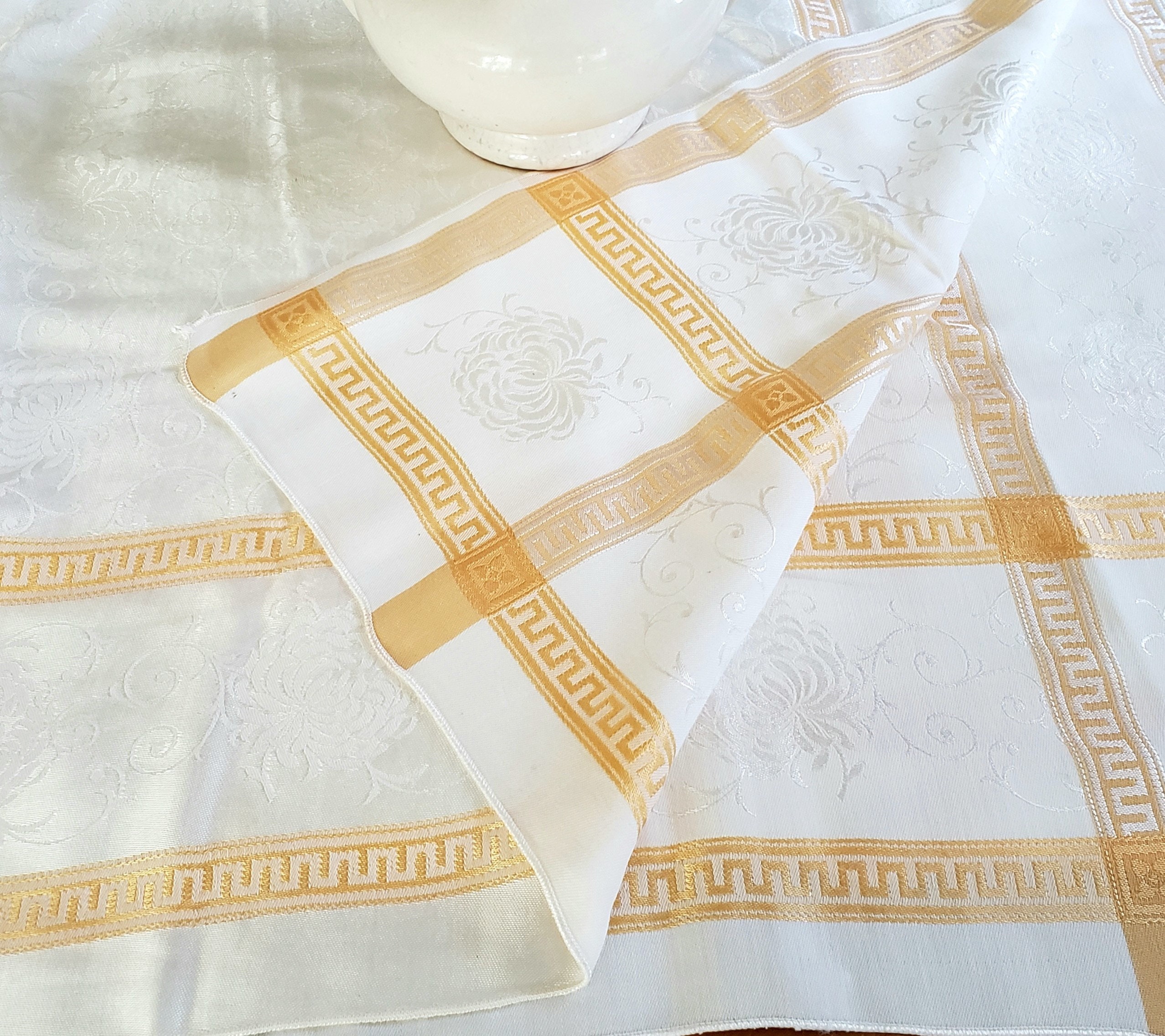 VINTAGE DAMASK TABLECLOTH, Greek Gold Key Stripe on White Satiny White