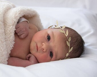 Charlotte Headband ~ GOLD Leaf Baby Crown. BEIGE Leaf Baby Crown. Newborn Infant Toddler Child Heaband Photo Prop. Baby Crown headband