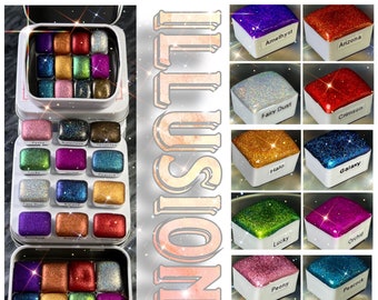 Illusions series of 12 Handmade Holographic Chrome Vivid Colorshift  Artisan Watercolor Paint set holocolorshift holo iridescent glitter