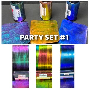 May include: Party Set #1 of iridescent epoxy resin pigment. The set includes three bottles of pigment, labeled Carnival, Epiphany, and Zulu. Each bottle is shown next to a sample of the pigment's color shift.