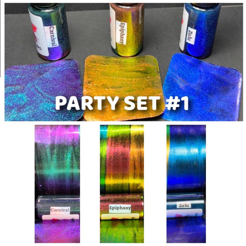May include: Party Set #1 of iridescent epoxy resin pigment. The set includes three bottles of pigment, labeled Carnival, Epiphany, and Zulu. Each bottle is shown next to a sample of the pigment's color shift.