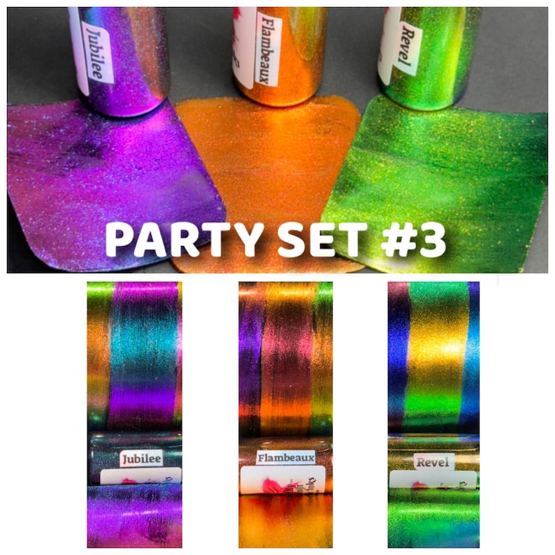 May include: Party Set #3 of iridescent paint in three colors: purple, orange, and green. The paint is in small bottles with labels that say "Jubilee", "Flambeaux", and "Revel".
