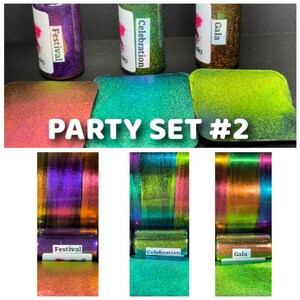 May include: A set of three iridescent glitter bottles labeled "Festival", "Celebration", and "Gala". The bottles are arranged in a row on a white surface. The glitter is a mix of colors, including purple, green, and orange. The bottles are part of a "Party Set #2".