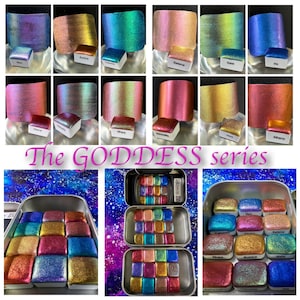 The GODDESS series of 12 budget friendly Colorshift Shimmer Handmade Watercolors sparkle glittery color shifting hypnotic watercolor paints