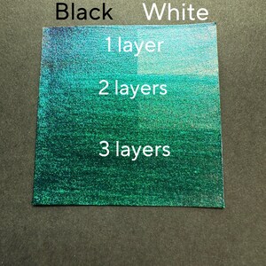 Pu&ograve; includere: Un materiale quadrato e iridescente con un gradiente di colore dal nero al bianco. Le parole "Black" e "White" sono in alto, con "1 layer", "2 layers" e "3 layers" sotto, che indicano la composizione del materiale.