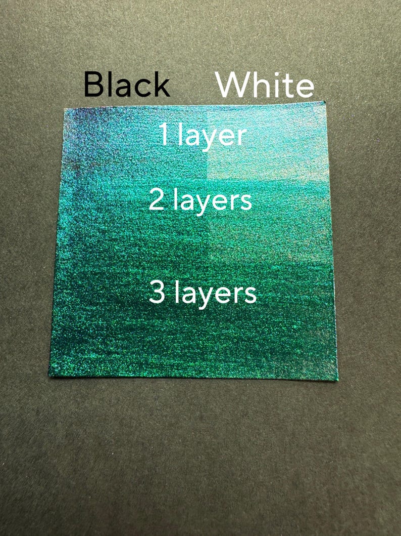 Pu&ograve; includere: Un materiale quadrato e iridescente con un gradiente di colore dal nero al bianco. Le parole "Black" e "White" sono in alto, con "1 layer", "2 layers" e "3 layers" sotto, che indicano la composizione del materiale.