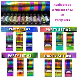May include: A set of 12 iridescent epoxy resin pigments, available as a full set or in party sets of 3. The pigments are arranged in rows, with each row labeled "Party Set #1", "Party Set #2", "Party Set #3", and "Party Set #4".
