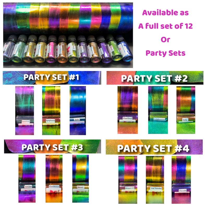 May include: A set of 12 iridescent epoxy resin pigments, available as a full set or in party sets of 3. The pigments are arranged in rows, with each row labeled "Party Set #1", "Party Set #2", "Party Set #3", and "Party Set #4".