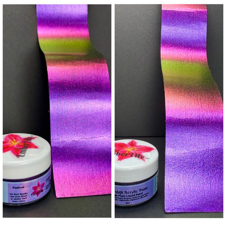 Pu&ograve; includere: Due immagini mostrano un nastro di vernice cangiante nelle tonalit&agrave; del viola, rosa e verde. La vernice &egrave; accanto a un piccolo barattolo con coperchio bianco e un motivo floreale. Il barattolo riporta la scritta "Ember Lily" e "Festival".