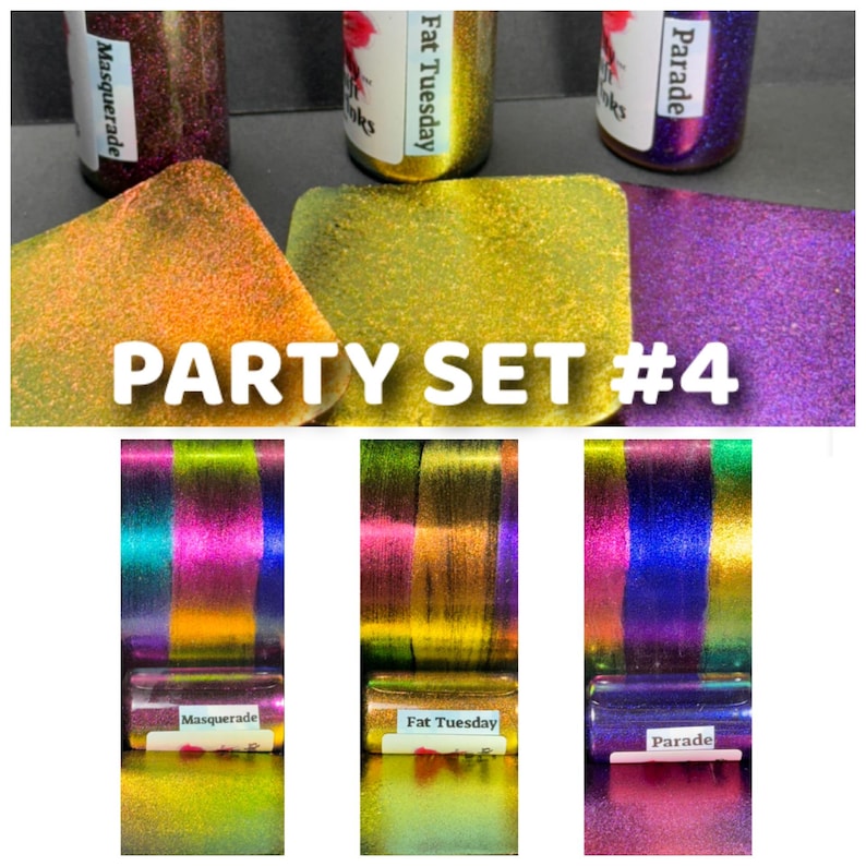 May include: Party Set #4 of iridescent glitter, featuring the colors: Masquerade, Fat Tuesday, and Parade. Each color is shown in a small bottle and a larger sample.