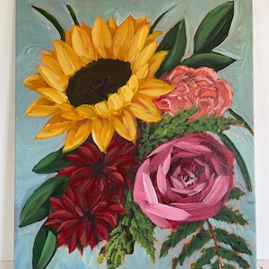 Pintura floral acrílica original, pintura de ramo de girasoles y rosas, arte floral