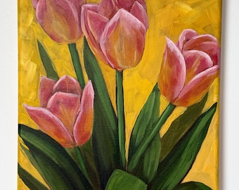 Dipinto originale di tulipani rosa, natura morta floreale (9x12)