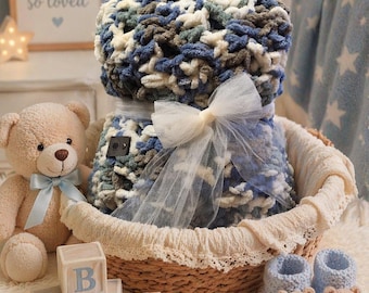 Chunky Knit Baby Blanket | Soft Plush Chenille Blanket | Neutral Blue Camo Baby Throw | Handmade Baby Gift | Cozy Nursery Blanket