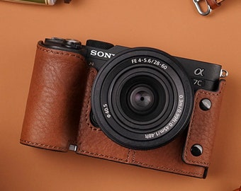 MS Edition Handmade Genuine Leather hand crafted hand stitch Sony A7C Camera Half cases insert bag tripod mount SD & battery access door