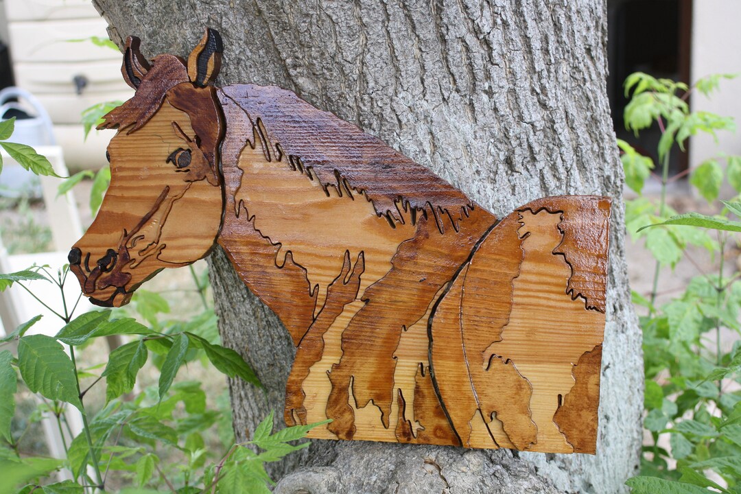 Hanging Picture Horse in Tinted Wood Made by Hand Using a Scroll Saw