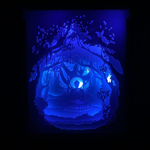 lightbox , boîte à lumière zen Bouddha réalisée en dentelle de papier découpé , éclairage par led  par led