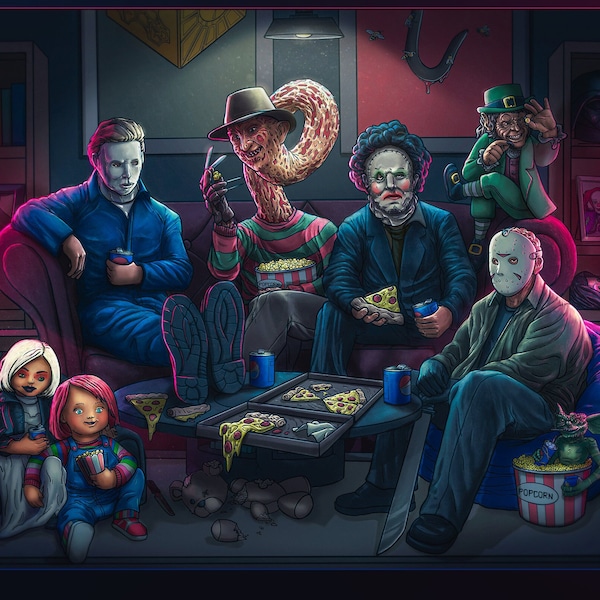 Horror Movie Night Poster Art Print | Michael Myers, Freddy Krueger, Jason Voorhees, Chucky & Tiffany, Chainsaw Massacre, Gremlins, Scream