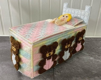 Vintage Handmade Whimsical Tissue Box Cover Needlepoint Teddy Bear Girl Bed Baby