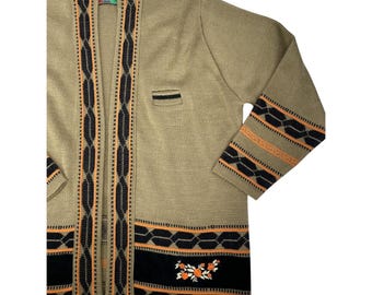 Elitex Vintage 70s Men's Cardigan Sweater sz Medium Hippie Floral Embroidered