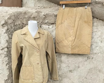 Y2K Rave Vintage Tan Suede Leather Whipstitch Skirt Jacket Set Blazer Size L 9
