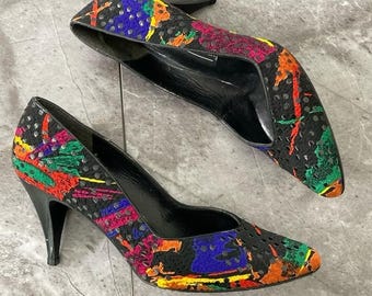Vintage 80s Stuart Weitzman Women's 7 Pumps Black Paint Splatter Abstract Shoes