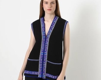 Vintage Womens Vest XL Black Ethnic Open Front Geometric Trim Bohemian Hippie