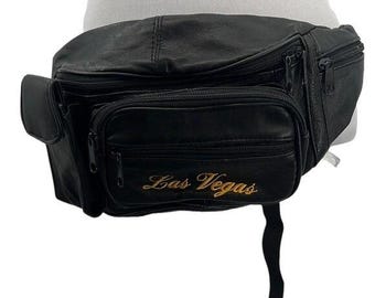 Vintage Las Vegas Embroidered Black Leather Fanny Pack Waist Bag Belt Bag Unisex