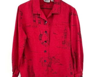 Chico's Top Women's 2 Large Asian Print Linen Silk Red Black Button Up Vintage