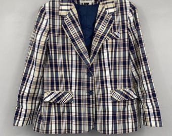 Vtg Donnkenny Plaid Blazer Women Size 12 Navy Tan Check Two Button Jacket
