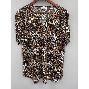 Vtg 70s Samantha O Leopard Print V-Neck Top Womens 2X Short Sleeve Animal Print