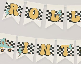 Banner de patins editável, banner de aniversário Let's Roll faça você mesmo, pista de patins de aniversário, decoração de festa de patinação, decoração quadriculada de patins, ROLL11