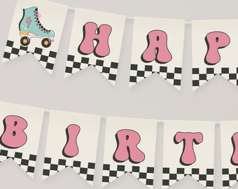 Banner editável de patins, vamos rolar banner de aniversário diy, aniversário de pista de skate, decoração de festa de patinação, decoração xadrez de patins, ROLL7