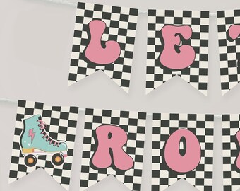 Banner editável de patins, vamos rolar banner de aniversário diy, aniversário de pista de skate, decoração de festa de patinação, decoração xadrez de patins, ROLL7