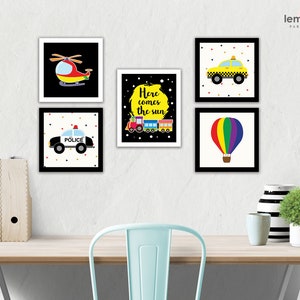 Wall Art, Transportation art, Set of 5, Transportation decor, Boys Wall Art, Modern Nursery, Vehicle Boy Room decor, baby shower gift, VEH01