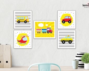 Arte mural, arte de transporte, juego de 5, decoración de transporte DIY, arte infantil para habitación de niño, arte mural infantil, arte mural de vehículos, decoración de habitación de niño, VEH01