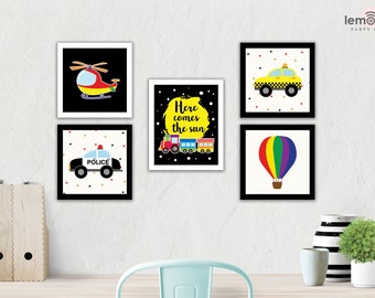 Arte mural, Arte de transporte, Juego de 5, Decoración de transporte, Arte mural para niños, Decoración moderna para habitación infantil con vehículos, Regalo para baby shower, VEH01