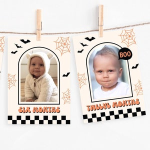 Bannière fantasmagorique d'un anniversaire, cartes d'étape avec photos, cartes d'étape d'anniversaire d'halloween de 1er anniversaire de bébé fantasmagorique, jalon mensuel HLW3