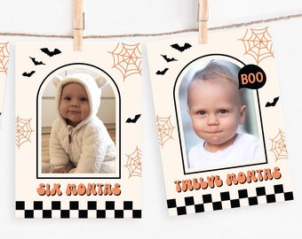 Spooky One-verjaardagsbanner, mijlpaalkaarten met foto's, Spooky baby 1e verjaardag halloween verjaardag mijlpaalkaarten, maandelijkse mijlpaal HLW3