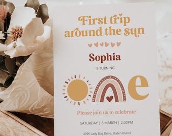 EDITABLE First Trip Around The Sun Birthday Invitation, Sunshine Boho Rainbow 1st Birthday Invite first birthday party, sunshine invite SUN5