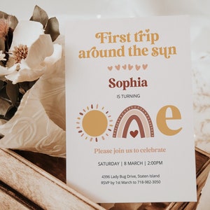 EDITABLE First Trip Around The Sun Birthday Invitation, Sunshine Boho Rainbow 1st Birthday Invite first birthday party, sunshine invite SUN5