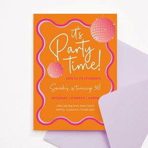 Editable Wavy Disco Ball Invitation: Orange Border, 5x7 (Digital File, PDF, JPEG), PINK2