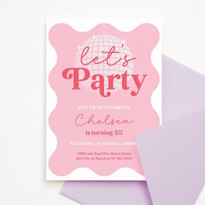 Editable Wavy invitation, pink wavy border invitation, pink wavy invite, disco ball invite, pink disco ball invitation, soft pink, PINK3