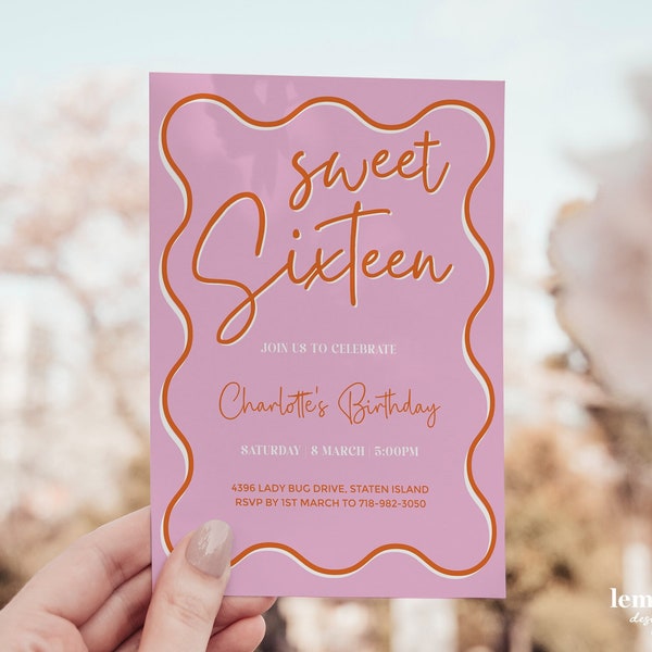 Sweet Sixteen Invite, Invitation For Teens, 16th Birthday Ideas, Sweet 16 Invitation, Wavy invitation, pink wavy border invitation, PINK2